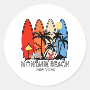 Pegatina Redonda Playa Montauk Nueva York Retro Surfboard Vintage