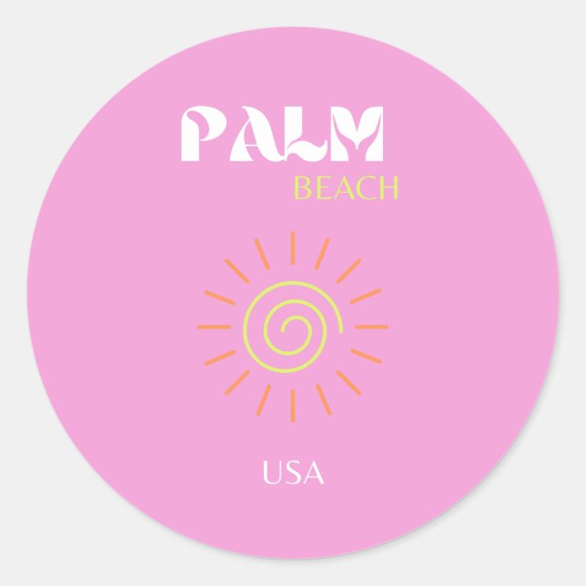 Pegatina Redonda Playa Palm, Arte Retro, Preppy, Arte Rosa, Rosa (Anverso)