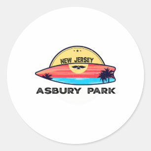 Pegatina Redonda Playa Retro Asbury Park Nueva Jersey Tabla de Surf