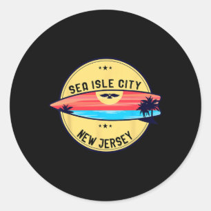 Pegatina Redonda Playa retro de Sea Isle City, Nueva Jersey, Surfin