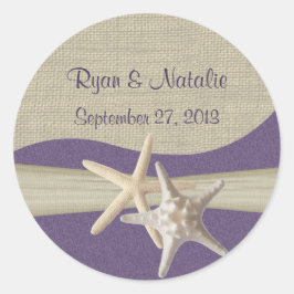 Pegatina Redonda Playa Starfish & Burlap Purple