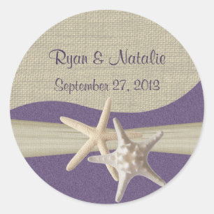 Pegatina Redonda Playa Starfish & Burlap Purple