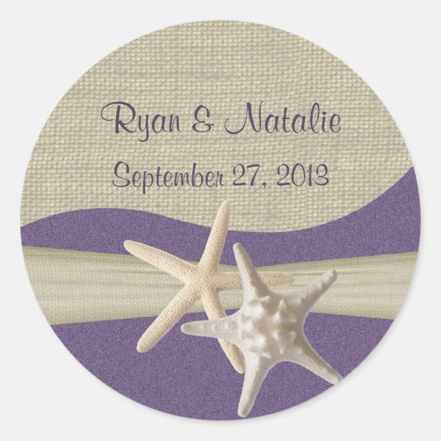 Pegatina Redonda Playa Starfish & Burlap Purple (Anverso)