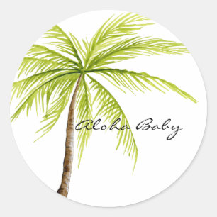 Pegatina Redonda Playa Tropical Aloha Baby Shower Palm Tree Island