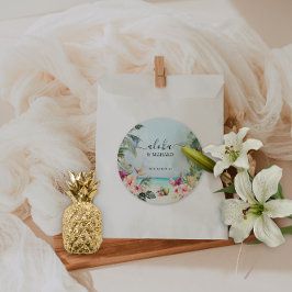 Pegatina Redonda Playa Tropical de Aloha y Mahalo | Gracias