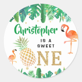 Pegatina Redonda Playa Tropical de Verano Luau Niños Primer Cumplea