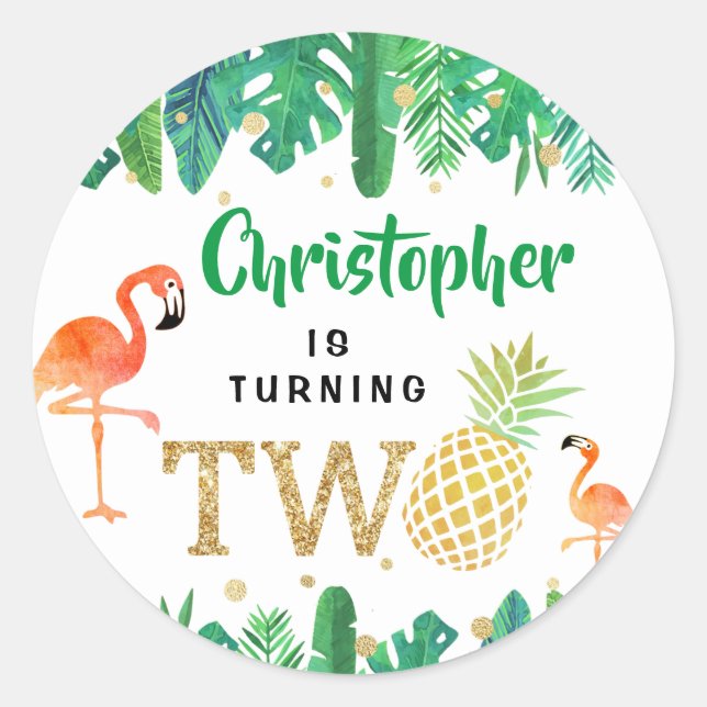 Pegatina Redonda Playa Tropical de Verano Luau Niños Segundo Cumple (Anverso)