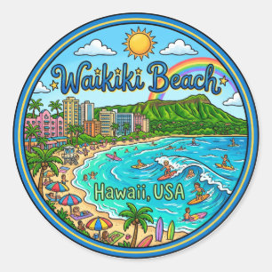 Pegatina Redonda Playa Waikiki Hawaii