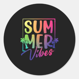 Pegatina Redonda Playas De Palmeras Tropicales Retro De Verano