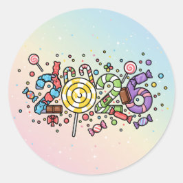 Pegatina Redonda Playful 2026 números hechos de dulces coloridos