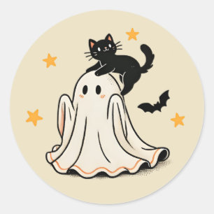 Pegatina Redonda Playful Black Cat en Halloween en la cabeza del fa
