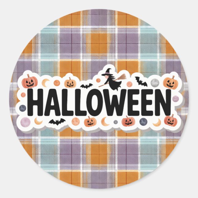 Pegatina Redonda Playful Halloween Plaid (Anverso)