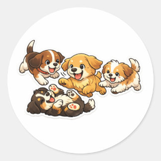 Pegatina Redonda Playful Puppies Sticker – Cute Cartoon Dog Design