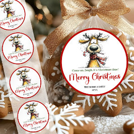 Pegatina Redonda Playful quirky reindeer bright Christmas sticker