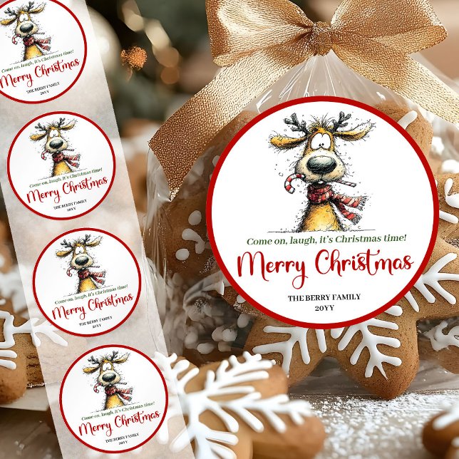 Pegatina Redonda Playful quirky reindeer bright Christmas sticker (Playful quirky reindeer bright Christmas sticker)