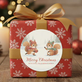 Pegatina Redonda Playful Squirrels in Christmas Winter Forest