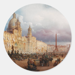 Pegatina Redonda Plaza Navona Mercado Roma 1850 Arte