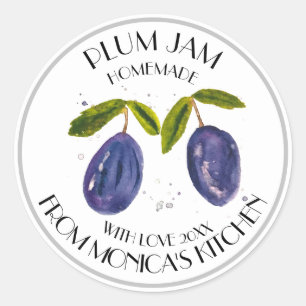 Pegatina Redonda Plum Jam Watercolor Fruit Kitchen Preserva Classi