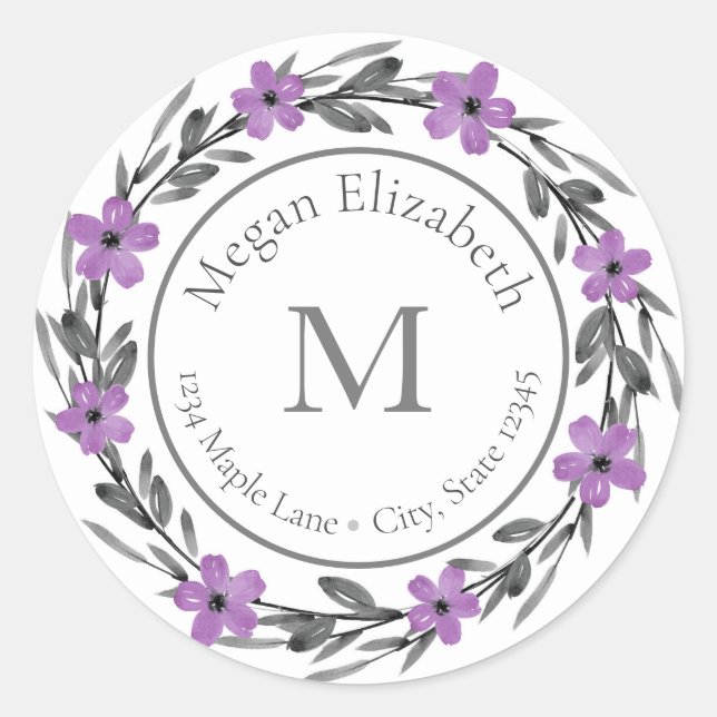 Pegatina Redonda Plum Mauve Gray Watercolor Floral Wreath (Anverso)