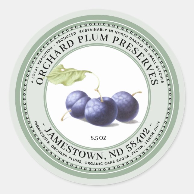 Pegatina Redonda Plum Preserve Label Jam Jelly 1930 Green (Anverso)