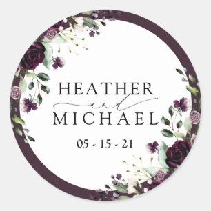 Pegatina Redonda Plum Purple Mauve Floral Watercolor Script Boda