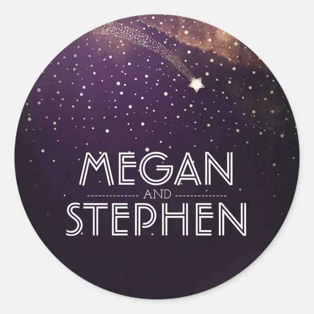 Pegatina Redonda Plum Purple Starry Night Shooting Star Boda (Anverso)
