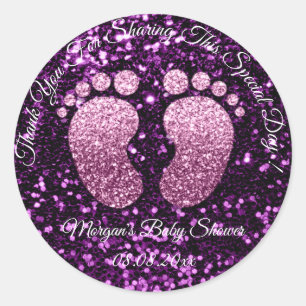 Pegatina Redonda Plum Purpurina Feet Baby Shower Favor Gracias