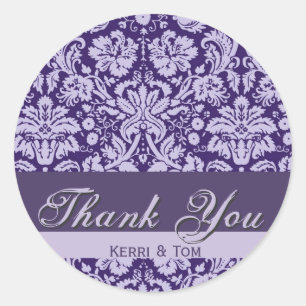 Pegatina Redonda PLUM y LAVENDER PURPLE Damask Wedding GRACIAS