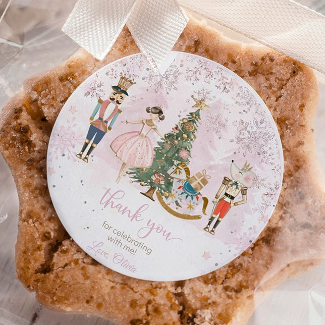 Pegatina Redonda Pluma de azúcar de cumpleaños de nutcracker (Nutcracker Sugar Plum Fairy pink birthday party sticker favor)