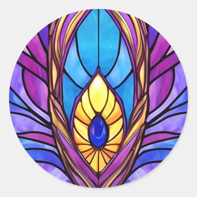 Pegatina Redonda Pluma de pavo real de vidrio templado de estilo Ar (Anverso)