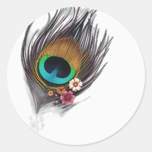 Pegatina Redonda Pluma de pavo real hiperrealista con patter floral