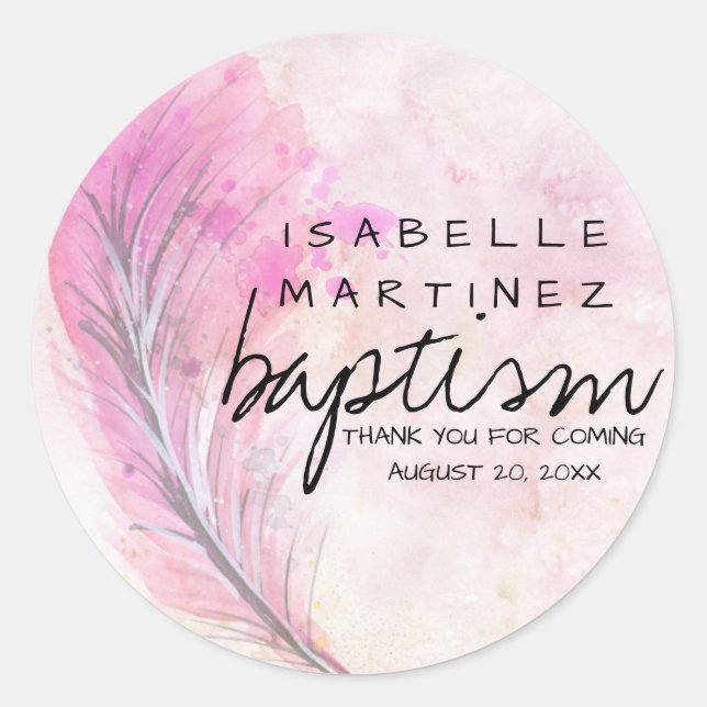 Pegatina Redonda Pluma moderna de acuarela rosa gracias al bautismo (Anverso)