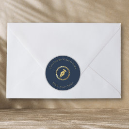 Pegatina Redonda Pluma notarial moderna de oro azul certificada por