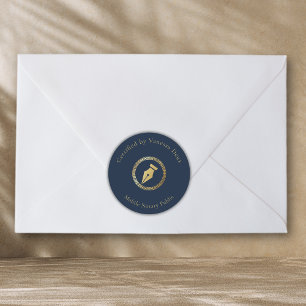 Pegatina Redonda Pluma notarial moderna de oro azul certificada por