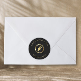 Pegatina Redonda Pluma notarial moderna en negro y oro certificada