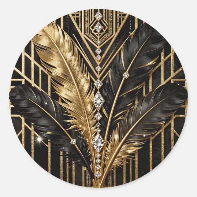 Pegatina Redonda Plumas Art Deco Negro Oro (Anverso)
