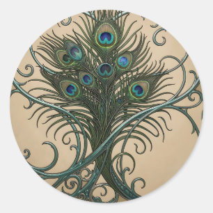 Pegatina Redonda Plumas de pavo real Art Nouveau Marco teal ornamen