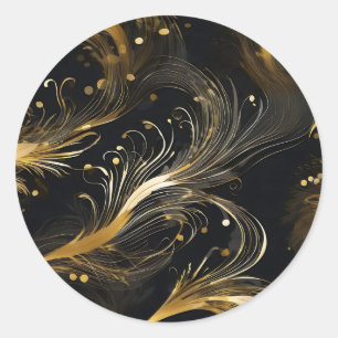 Pegatina Redonda Plumas doradas en negro