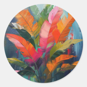 Pegatina Redonda Plumas Tropicales – Abstracción Botánica Vibrante