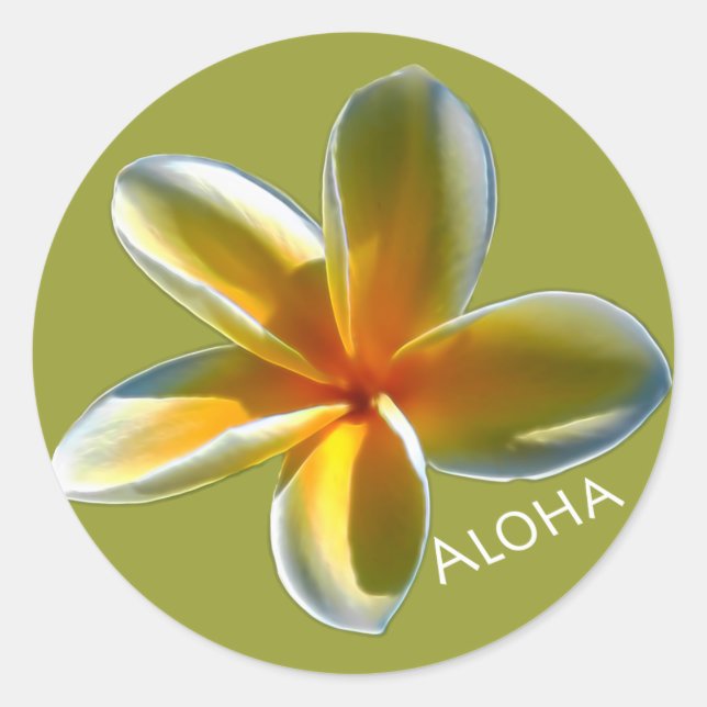 Pegatina Redonda Plumeria con Aloha (Anverso)