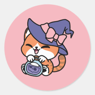 Pegatina Redonda Poción de Bruja Tabby – Diseño de Gato de Hallowee