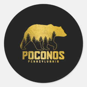 Pegatina Redonda Poconos Pensilvania Oso Senderismo Vintage Pocono
