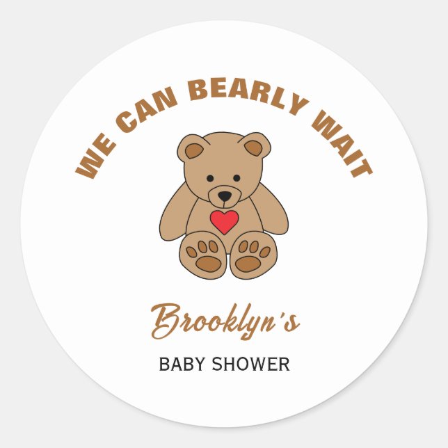 Pegatina Redonda Podemos Esperar A Baby Shower Brown Teddy Bear (Anverso)
