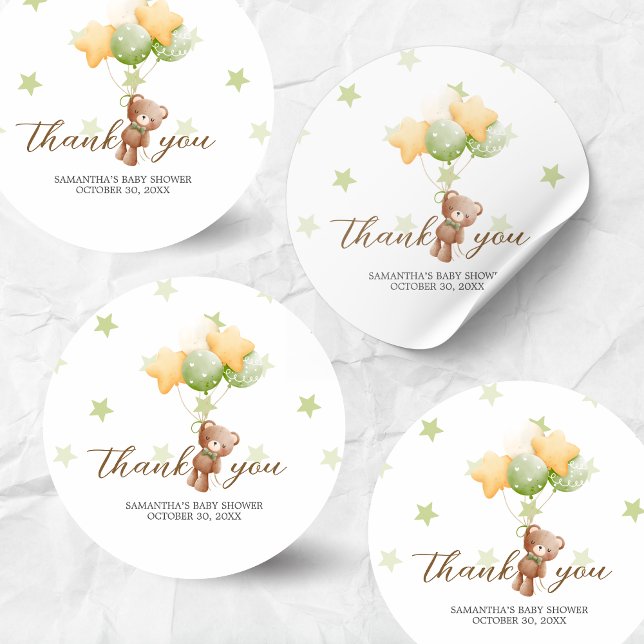 Pegatina Redonda Podemos Esperar A Baby Shower En Globo (Bear Balloon Baby Shower Sticker)