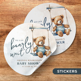Pegatina Redonda Podemos Esperar A Denim Teddy Bear Baby Shower