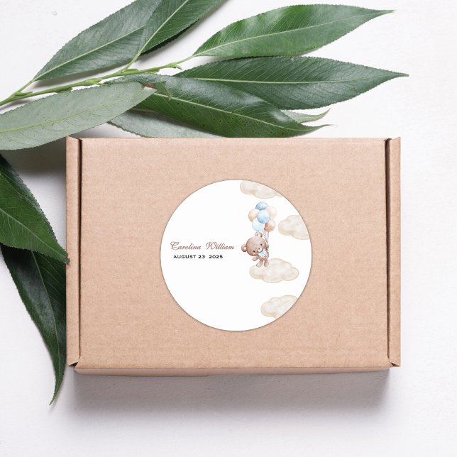 Pegatina Redonda podemos esperar a la ducha de bebé azul acuarela (Subido por el creador)