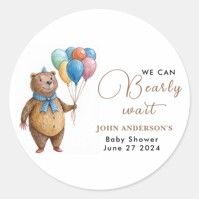 Pegatina Redonda Podemos Esperar A Un Niño Con Un Globo De Bear Bab (Anverso)