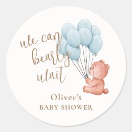 Pegatina Redonda Podemos Esperar El Bear Blue Balloon Baby Shower
