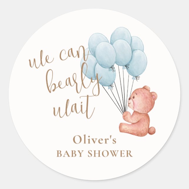 Pegatina Redonda Podemos Esperar El Bear Blue Balloon Baby Shower (Anverso)
