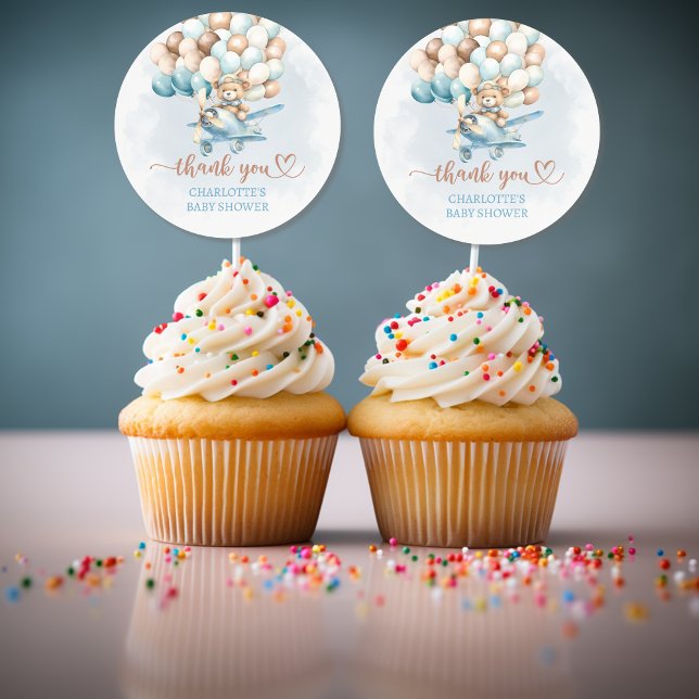 Pegatina Redonda Podemos esperar globos azules Baby Shower (we can bearly wait baby shower teddy bear stickers)